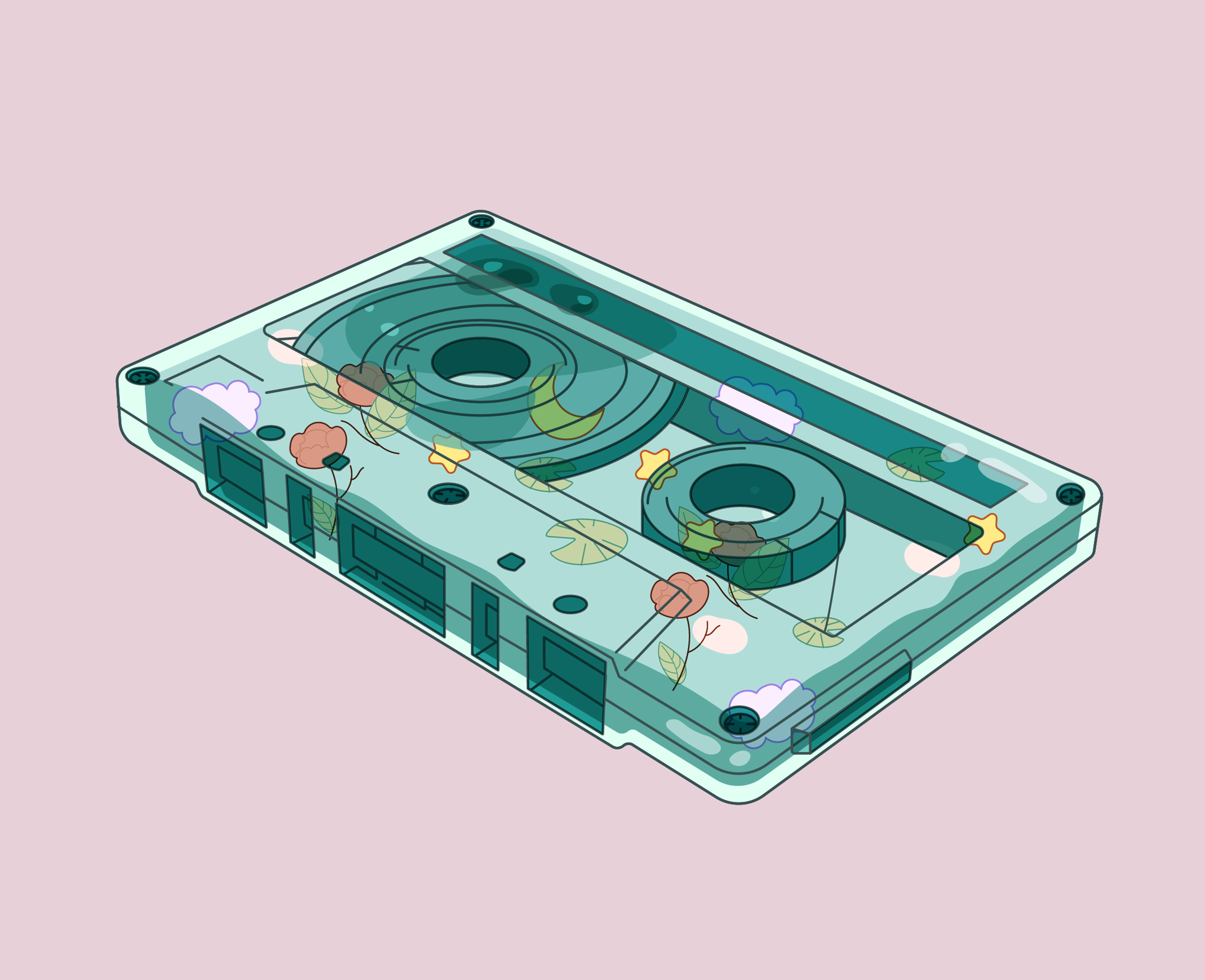Illustration of a clear cassette tape filled with jelly, lily pads, stars, a crescent moon, bubbles, clouds and roses. 
