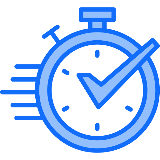 Blue stopwatch with motion lines and a check mark symbolizing fast and verified timing.