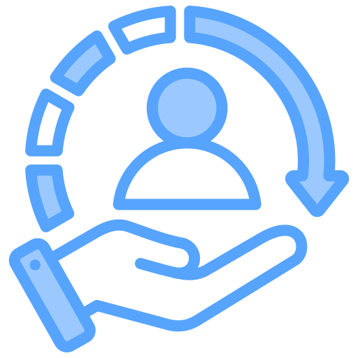Blue line art of a hand supporting a person icon with a circular arrow around them, representing customer service or support.