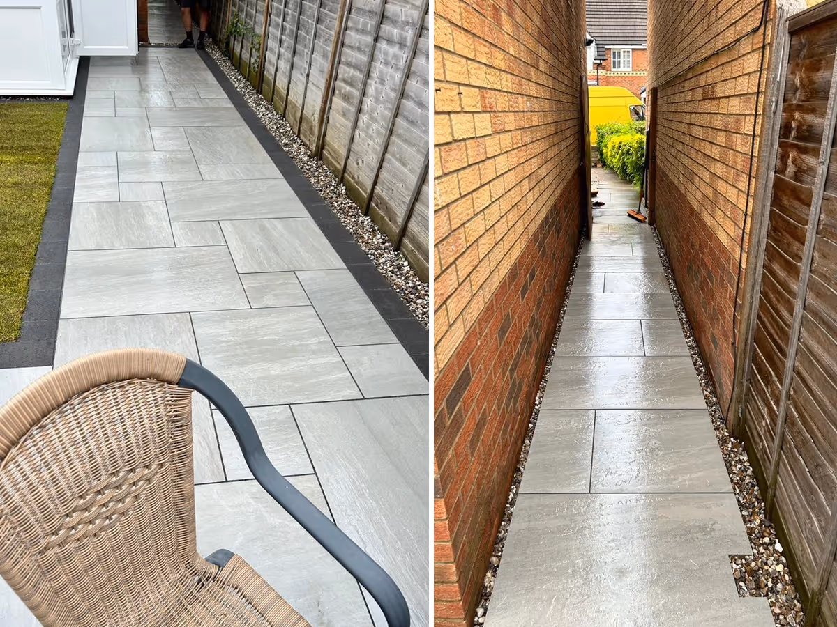 Kandla grey mixed-size porcelain patio with charcoal pencil edge paving. ACO drainage system. Rolawn Medallion turf - angle 2