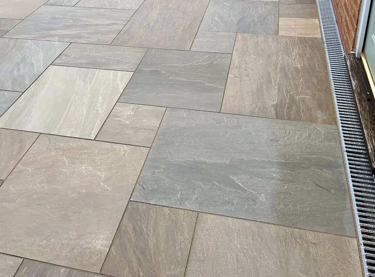 Mixed sized porcelain patio - angle 1