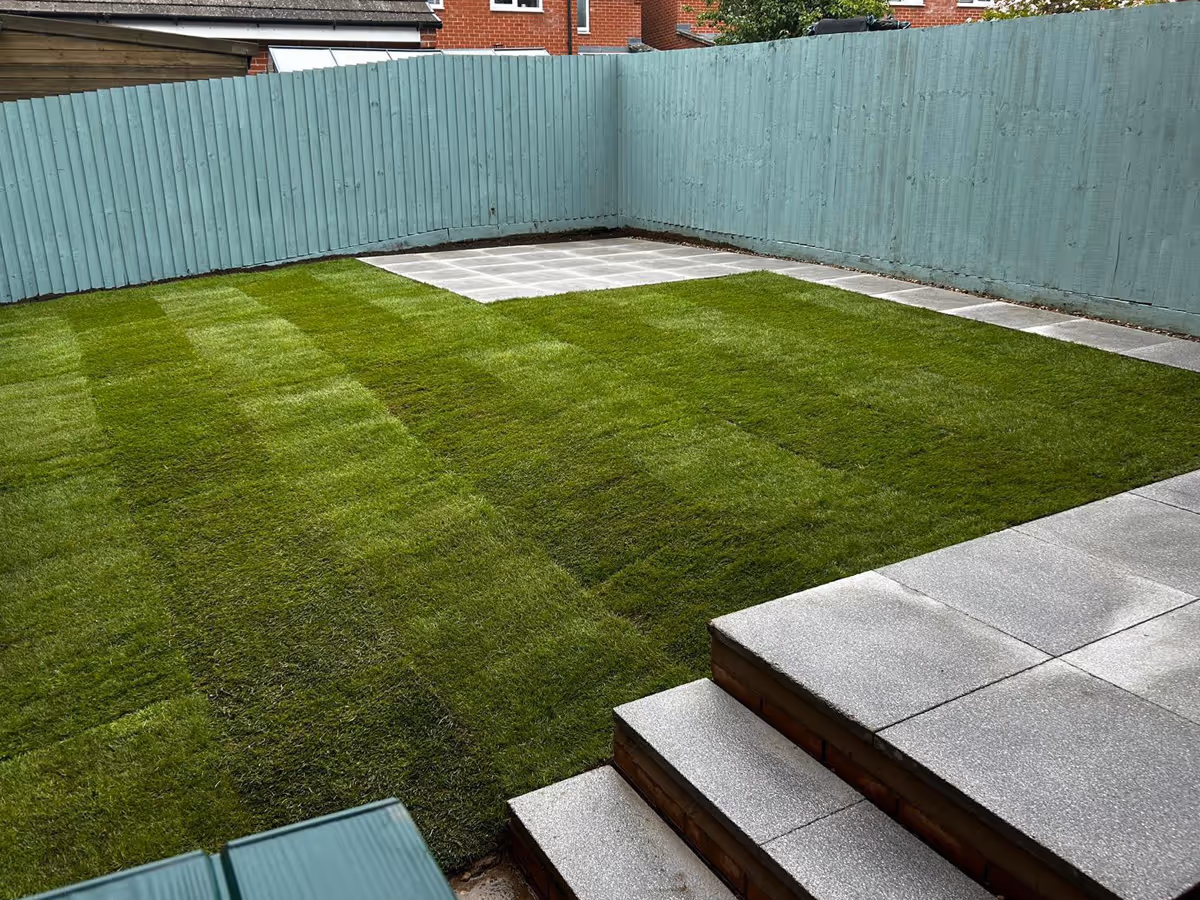 Porcelain steps, path and patio with lawn
