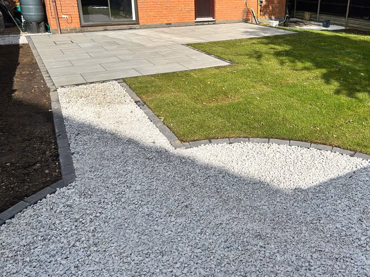 Total Stone Grigio porcelain patio with charcoal pencil edge paving - angle 4