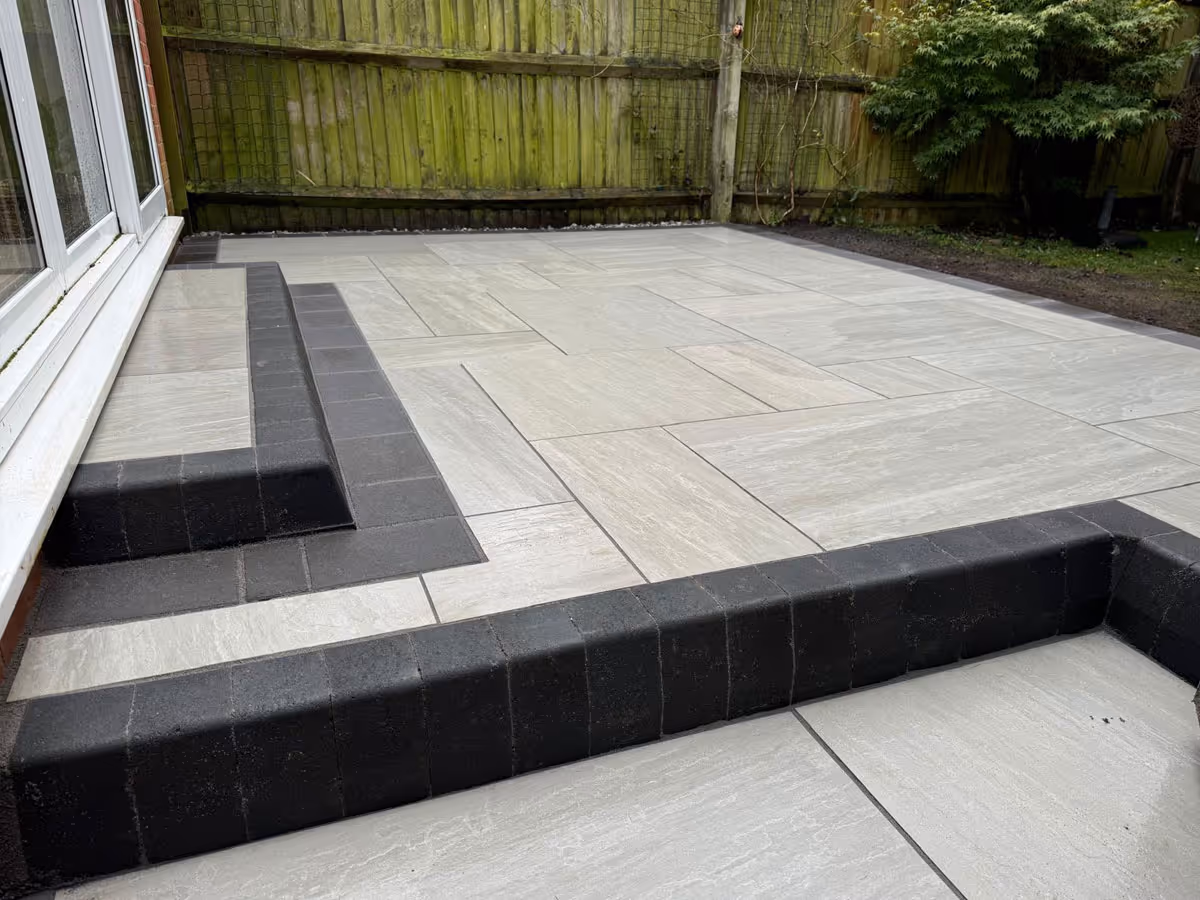 Total Stone Grigio porcelain patio with charcoal pencil edge paving