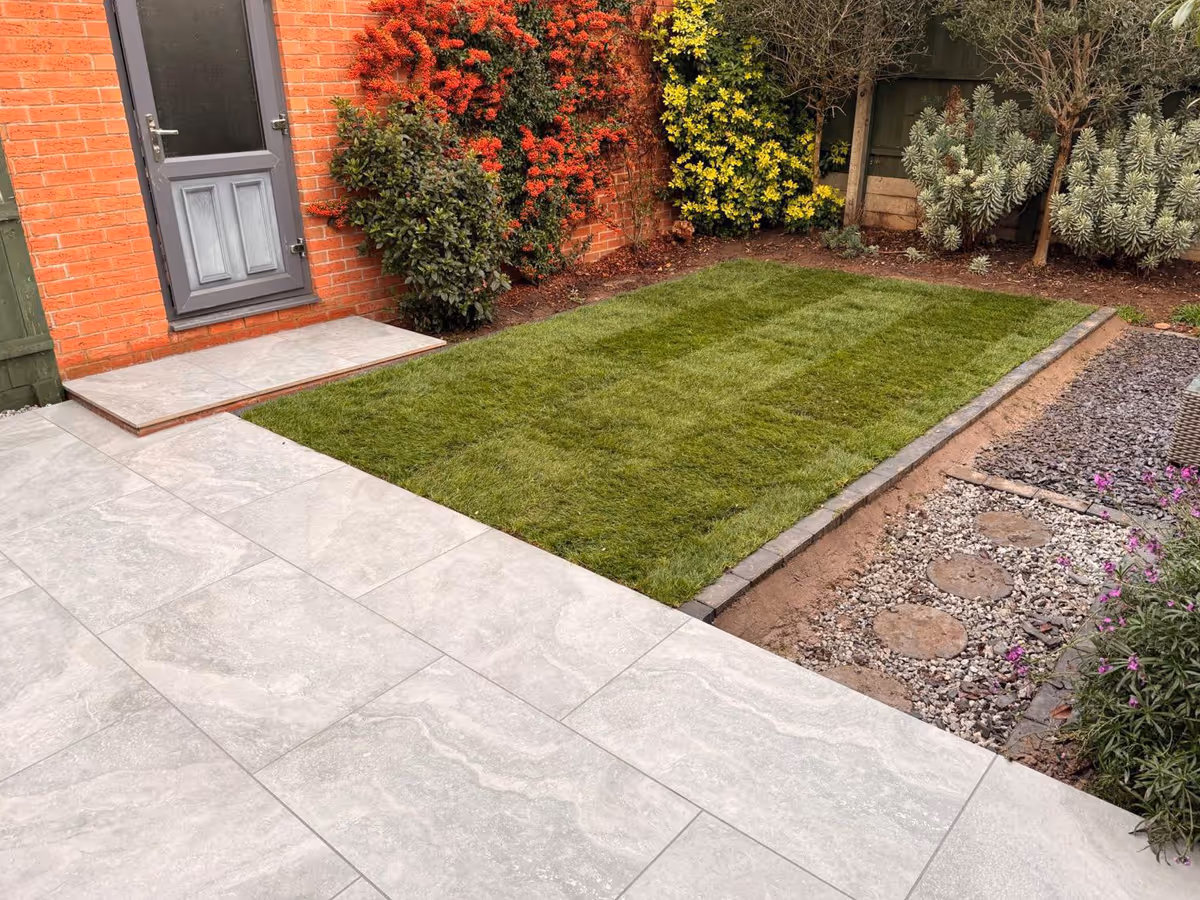 Porcelain patio and lawn