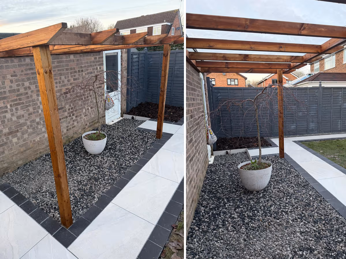 Porcelain patio with pencil edge paving