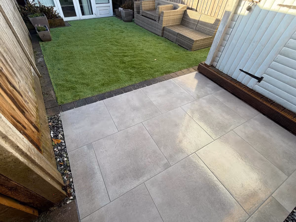 Porcelain patio and artificial turf