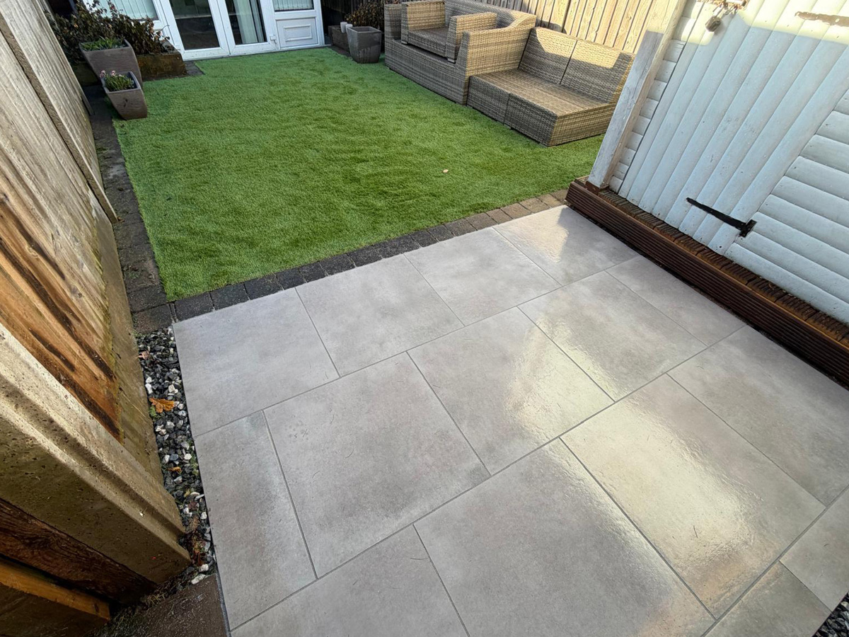 Porcelain patio and artificial turf