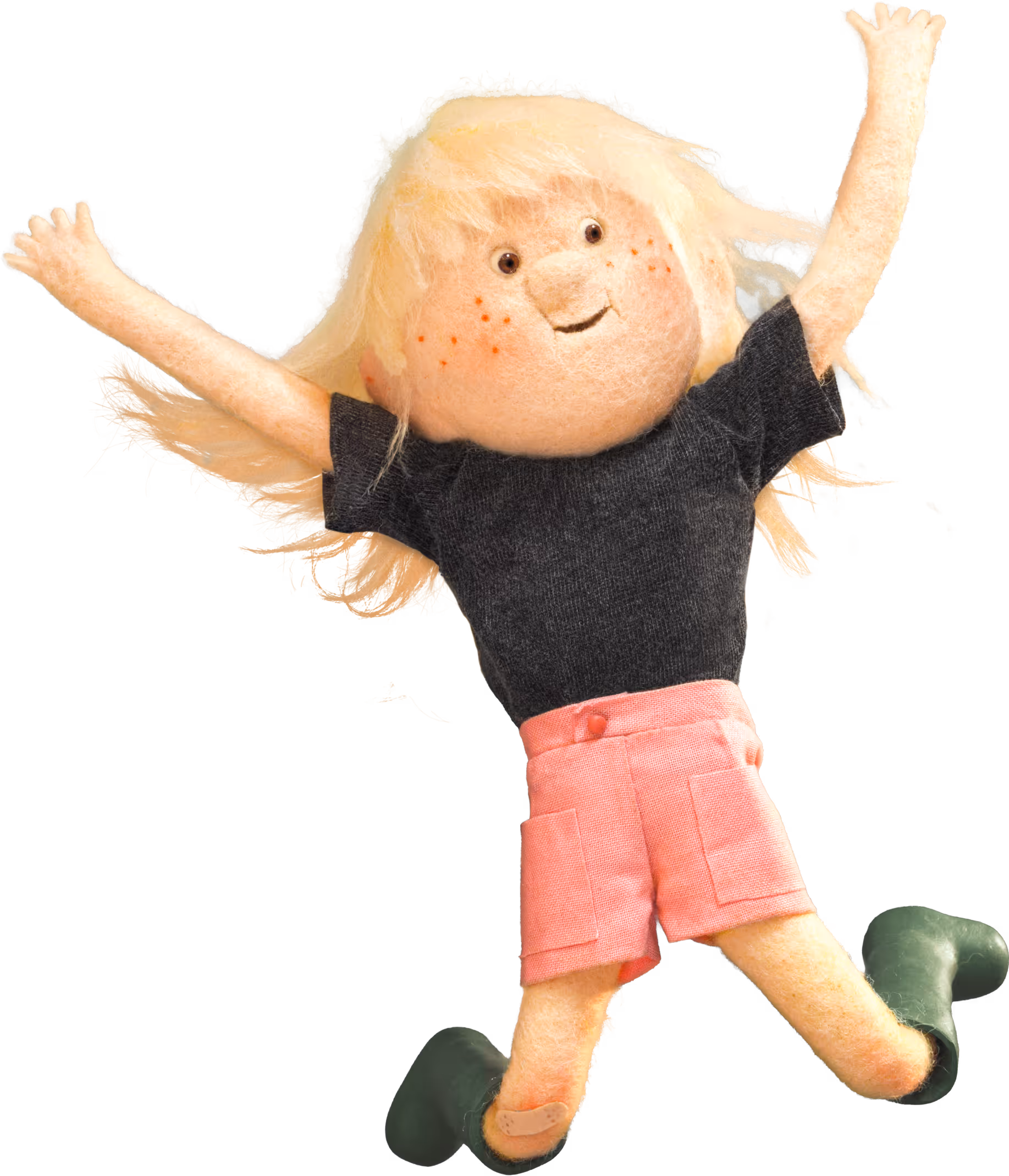 Crafted felt 3d girl jumping in the air with her arms raised and happy expression wearing a black shirt and pink shorts, looking to the side.