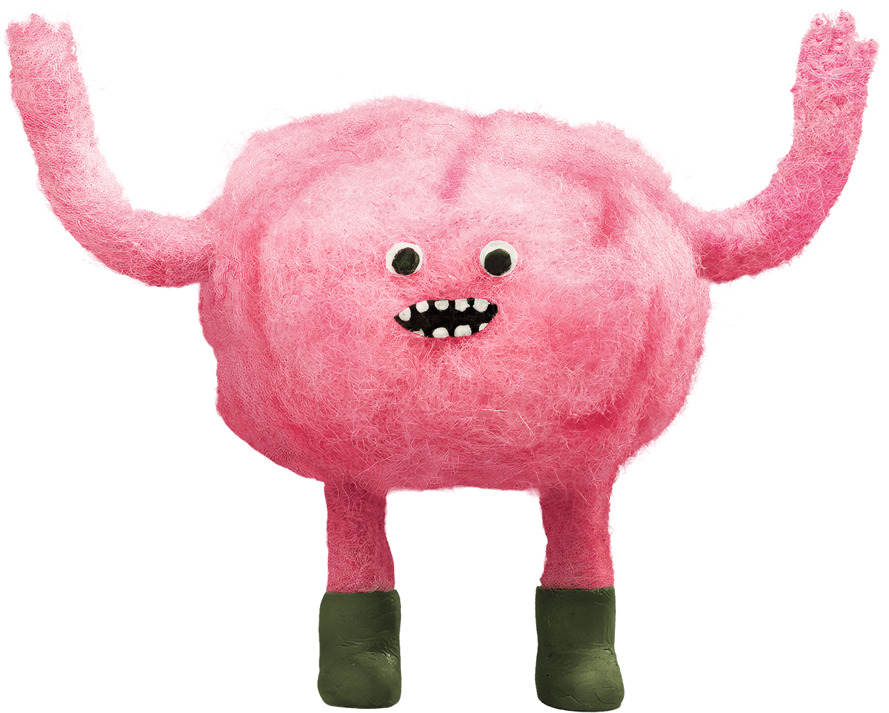 crafted pink felt 3d brain with a happy expression and arms raised, straight on to the camera
