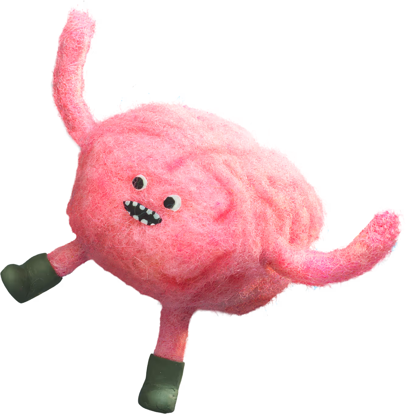 crafted pink felt 3d brain with a happy expression and arms raised. looking to the left.