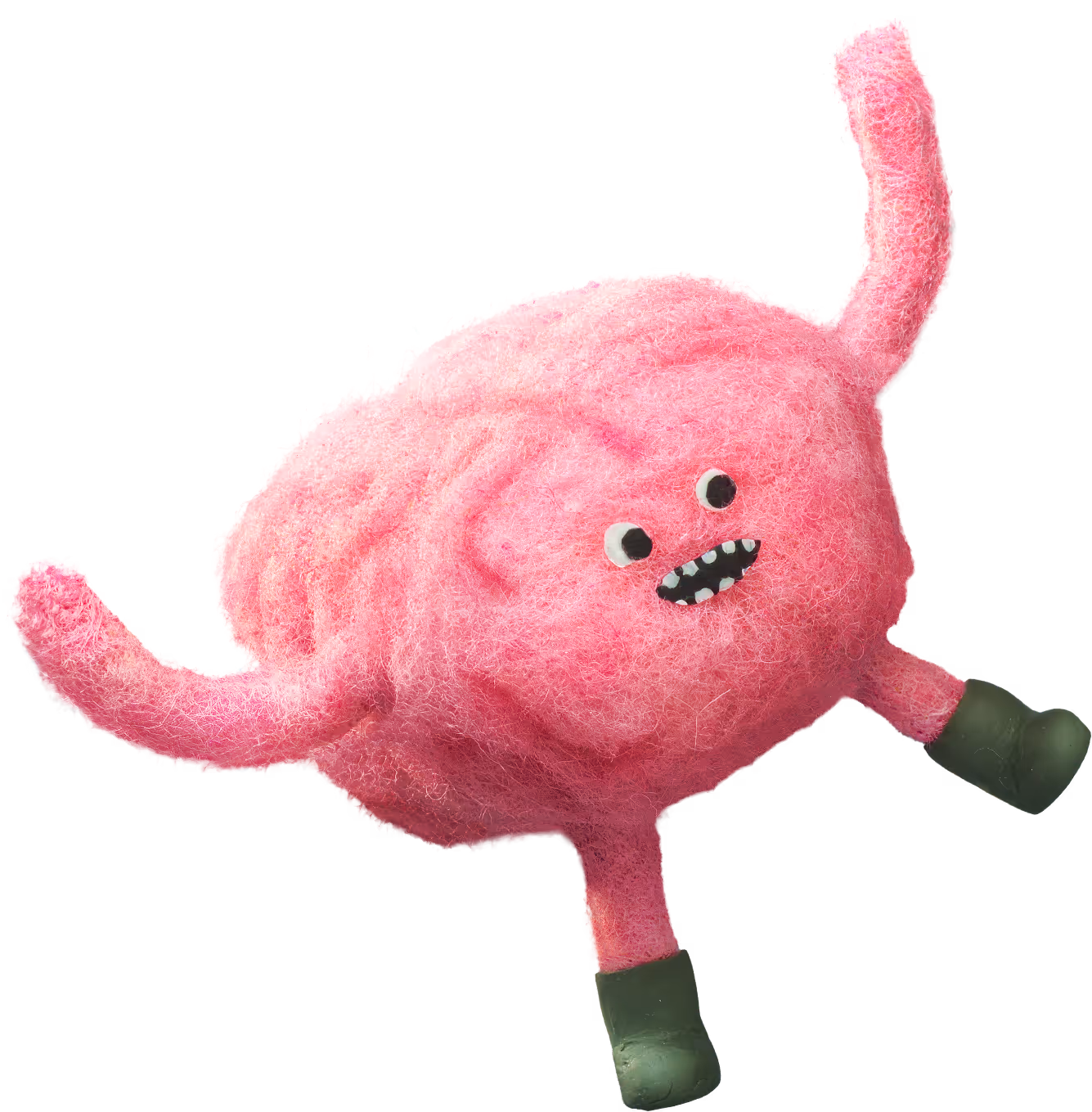 crafted pink felt 3d brain with a happy expression and arms raised. looking to the right.