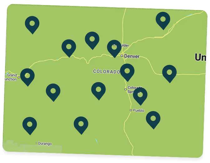 Map of Colorado with multiple location markers spread across the state.