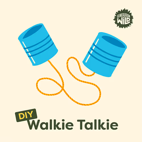 Illustration of a DIY walkie-talkie made from two blue tin cans connected with a yellow string.