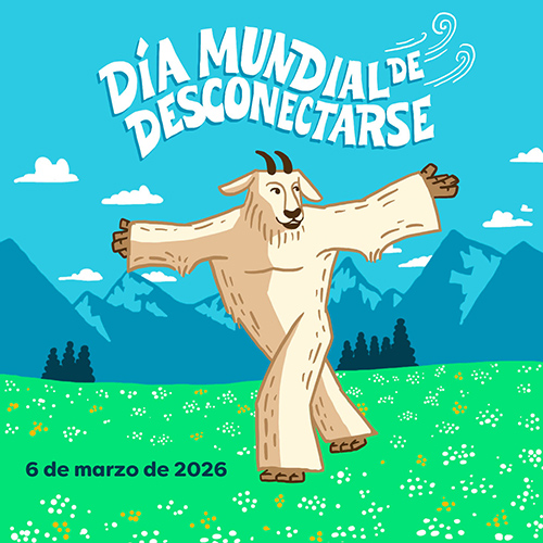 Illustration of a Wilder in a green field with mountains in the background and text reading Día Mundial de Desconectarse, 6 de marzo de 2026.