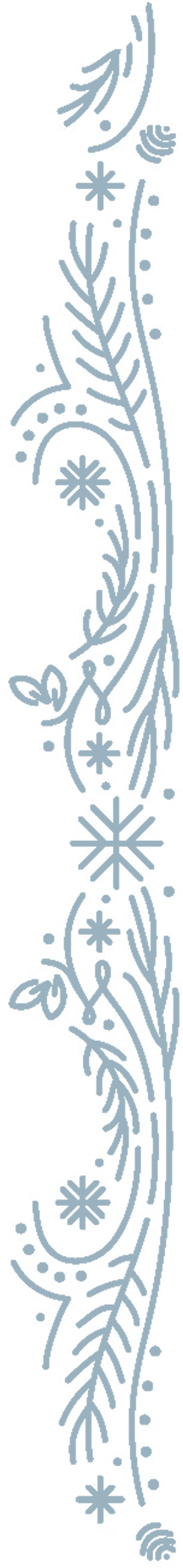 A vertical decorative border pattern featuring light blue botanical and floral motifs including leaves, small flowers, dots, and swirls arranged in a graceful, flowing style.