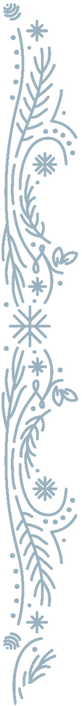 Vertical decorative illustration of stylized botanical elements including leaves, flowers, and dots in a light blue color.