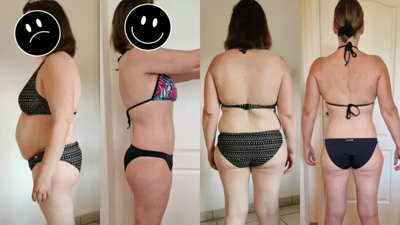 Photos avant-après d’une femme ayant perdu 17 kg à 40 ans grâce à une meilleure compréhension de son alimentation.