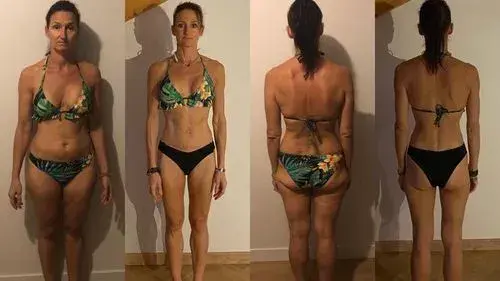 Photos avant-après d’une femme, illustrant sa perte de poids et démontrant que son ventre gonflé n’était pas dû à de la rétention d’eau mais simplement à un excès de tissus adipeux.