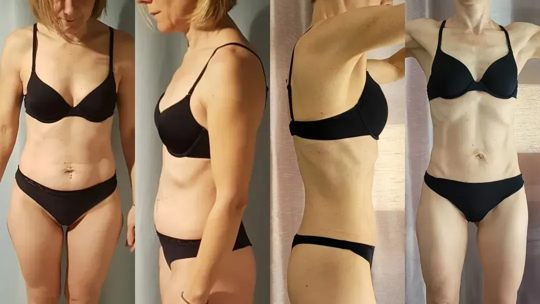 Transformation skinny fat d'une femme de 40 ans qui a éliminé sa graisse superflux et tonifié son corps.