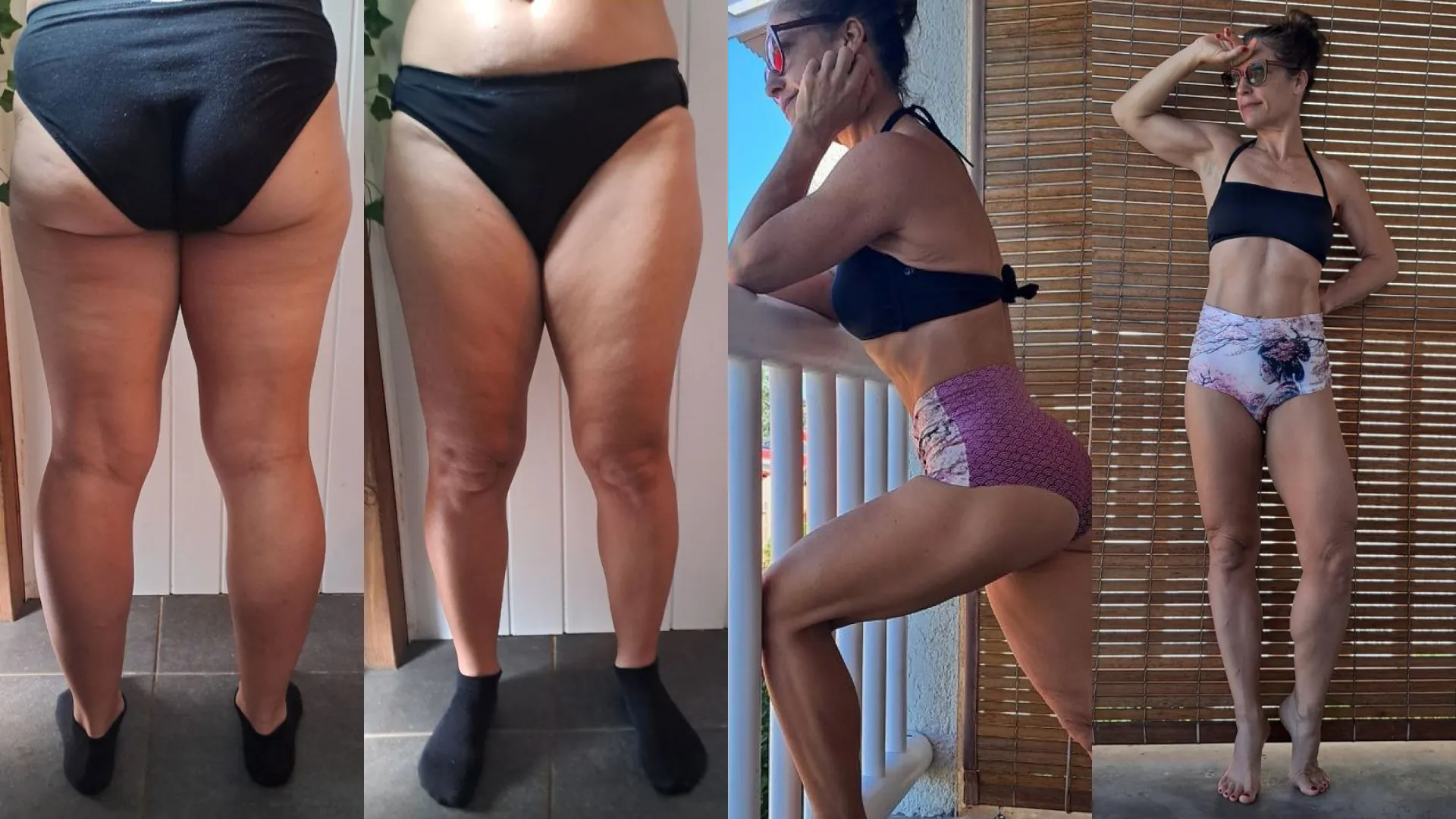 Avant-après d’une femme de 50 ans ayant raffermi son corps et réduit la cellulite aux cuisses et aux genoux grâce à la musculation et au renforcement musculaire.