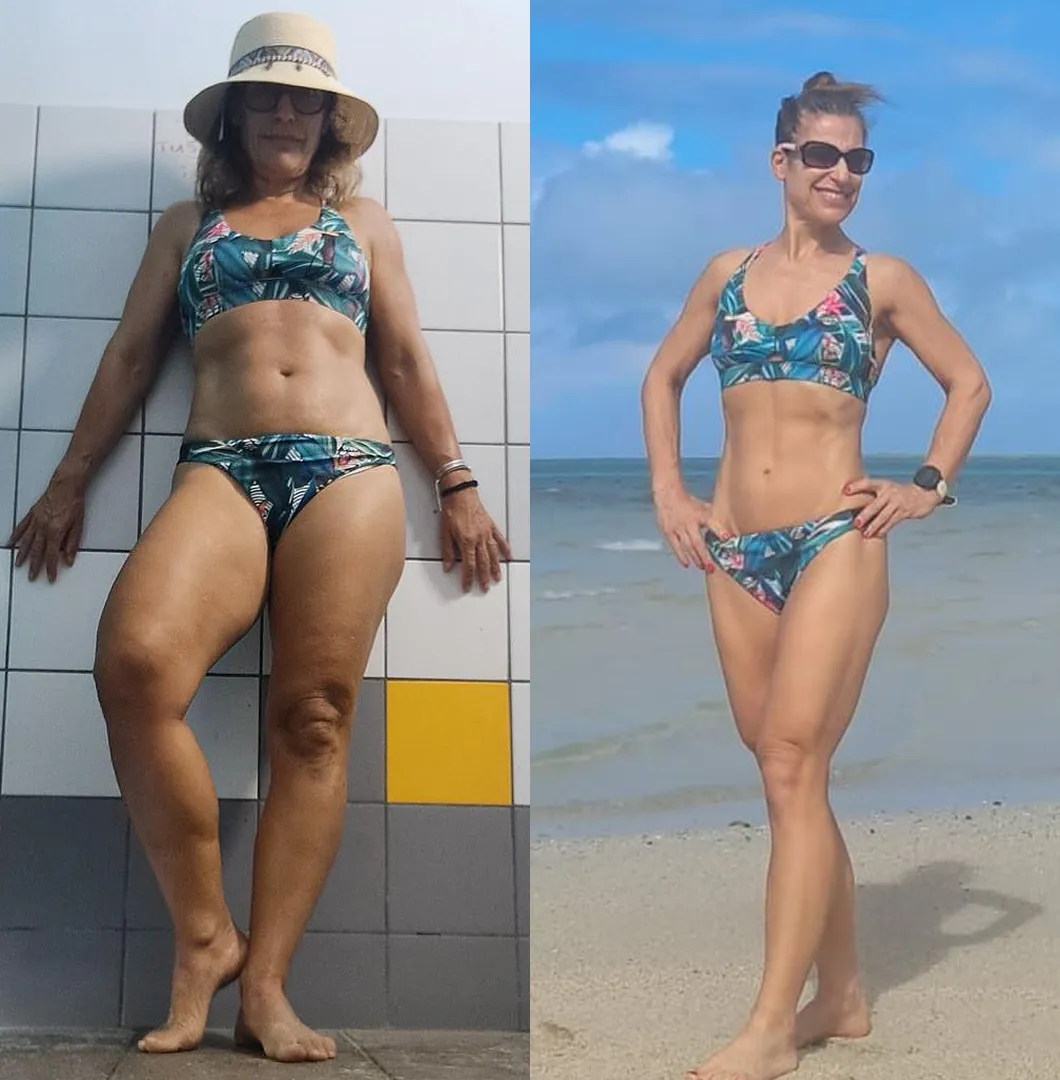 Femme de 50 ans ayant transformé son corps malgré la ménopase : perte de graisse, prise de muscle et corps tonique.