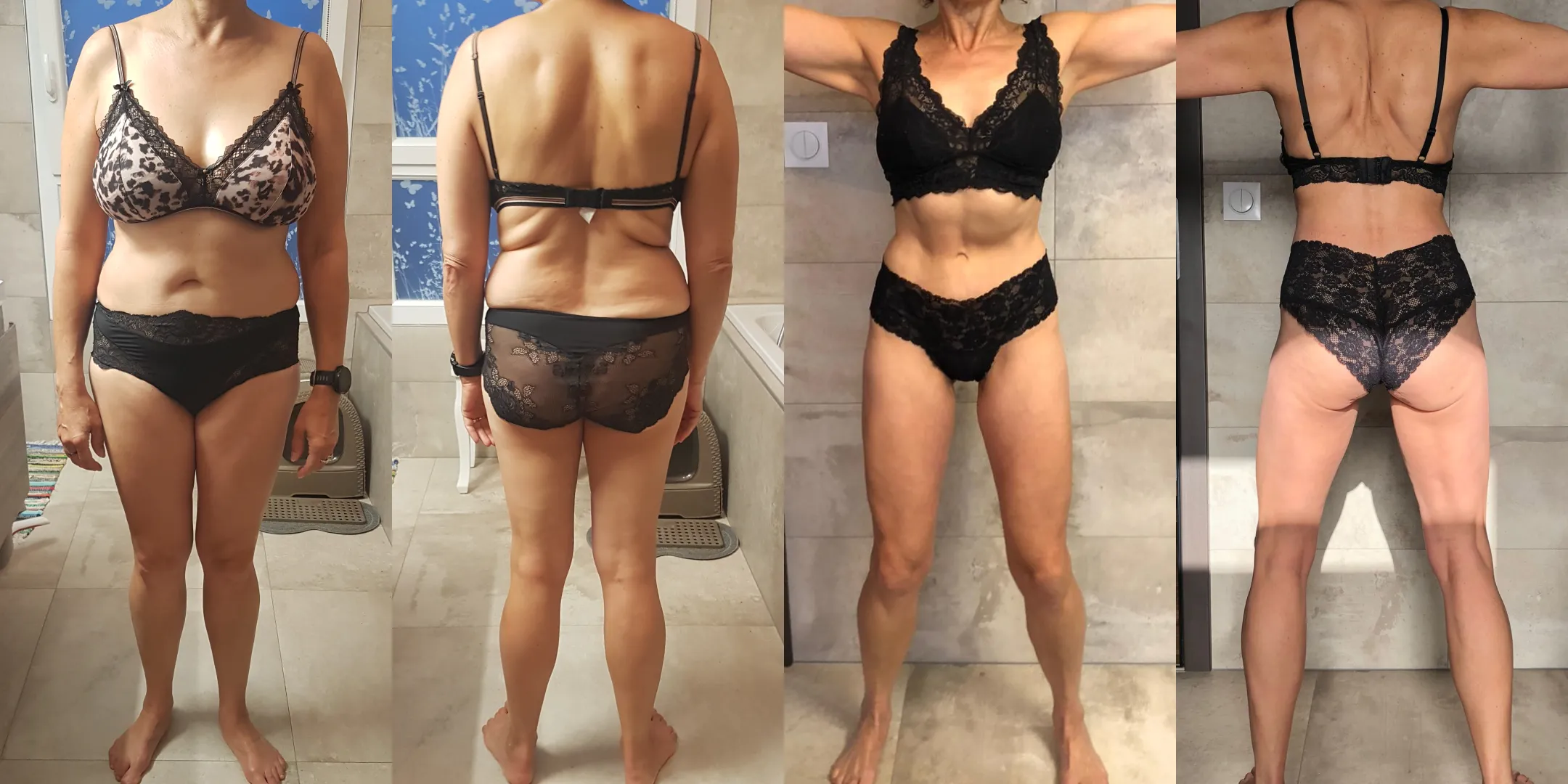 Photo avant-après d'une femme sportive de 55 ans, qui a sculpté son corps grâce à une nutrition adaptée et à la musculation, malgrés la ménopause.