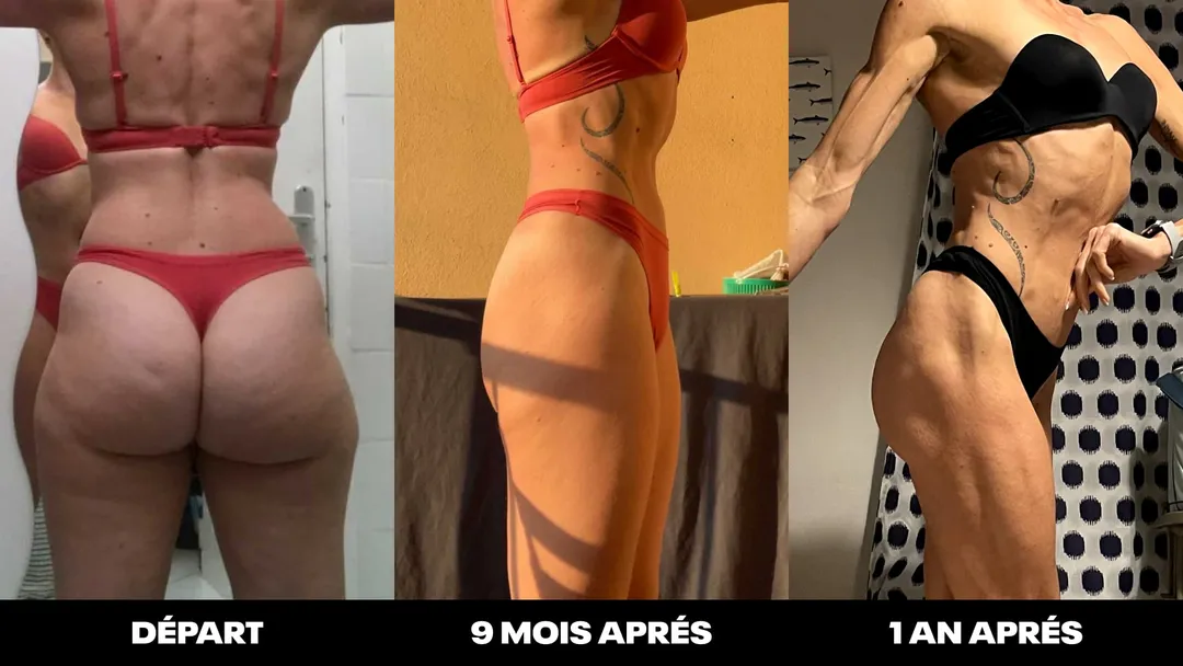 Evolution des muscles du fessier d'une femme pour sculpter le corps d'une femme de 40 ans pour un concours de bikini fitness