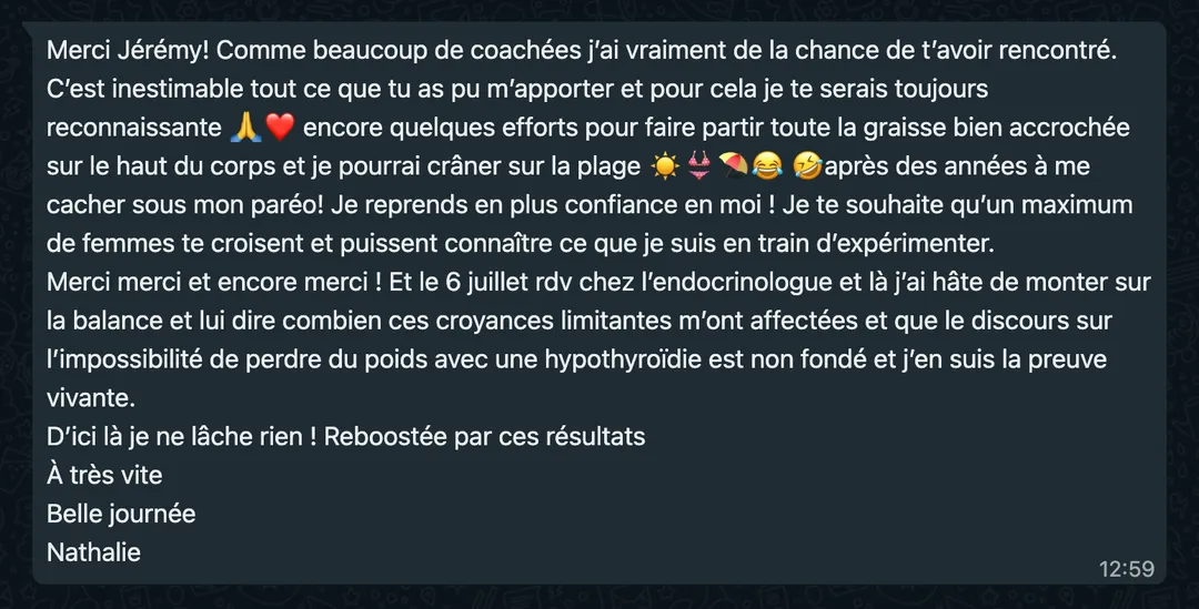 Avis Jérémy Loreau. Témoignagne de la perte de poids de Nathalie qui explique qu'elle a perdu du poids malgré son hypothyroïdie d’Hashimoto.