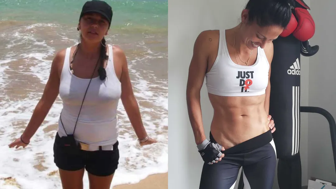Avant-après du corps du corps d'une femme qui fait du fitness et de la musculation pendant 3 mois