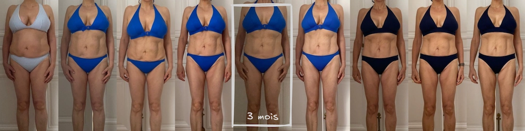 On peut voir l'évolution physique de Nathalie au cours des 6 mois de coaching. Une superbe transformation.