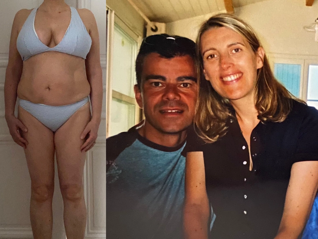 À gauche, le corps de Nathalie au début du coaching. Elle a un excès de graisse et un manque de tonicité musculaire. À droite, Nathalie il y a une quinzaine d'années, lorsqu'elle était plus mince et n'avait pas d'hypothyroïdie.