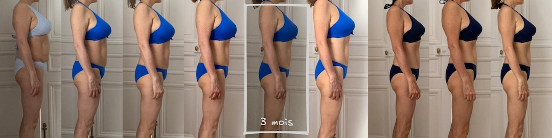On voit ici l'évolution physique de Nathalie au cours du coaching, avec une vue de profil. Elle a aujourd'hui un ventre plat.