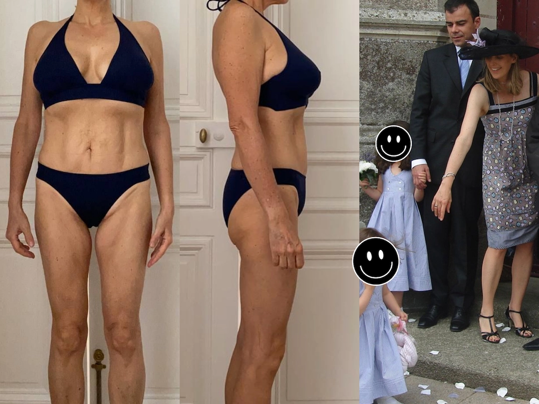 On peut voir Nathalie à la fin du coaching avec 15 kg en mois et un corps tonifié, et à côté, Nathalie il y a une quinzaine d'années. Les silhouettes sont similaires. Elle a rajeunit.