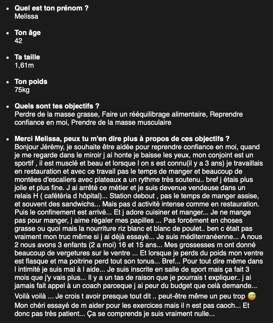 Message de Melissa qui exprime les raisons de sa prise de poids à 40 ans avant de commencer sa transformation physique.