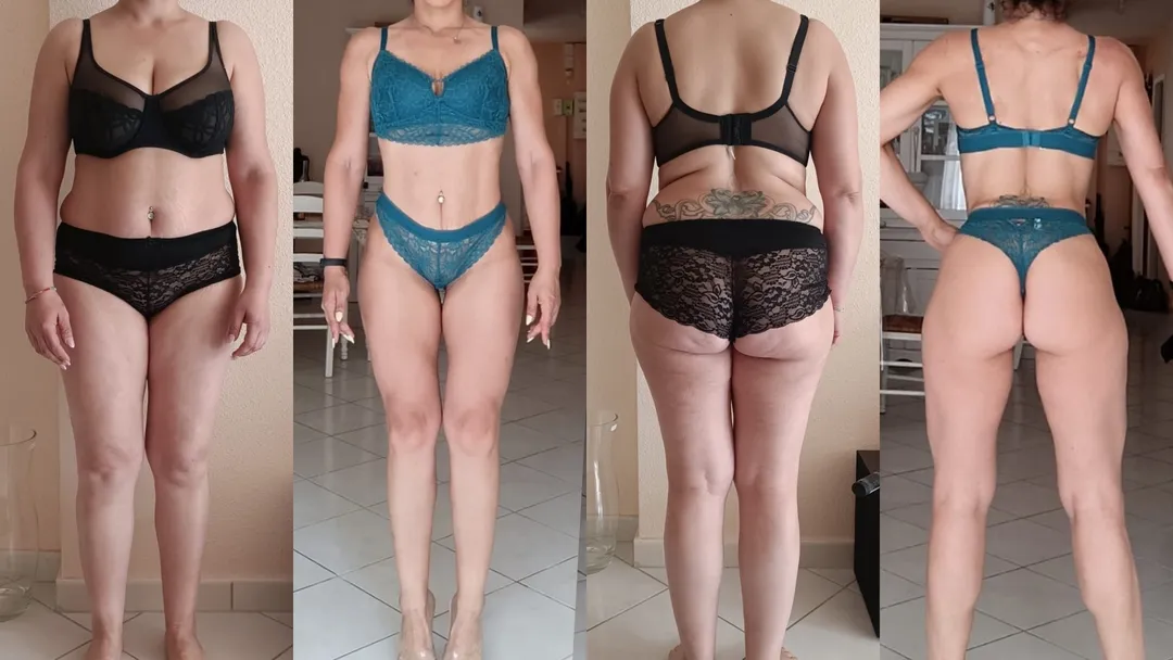 Avant-après d'une femme de 40 ans qui a perdu 15 kilos et pris de la masse musculaire. Un fessier galbé, un dos musclé, une taille fine et des épaules dessinées.