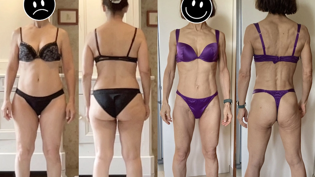 Avant-après du corps d'une femme de 50 ans, qui a musclé son corps à la ménopause. Son corps est sec et dessiné, avec les muscles longiligne.