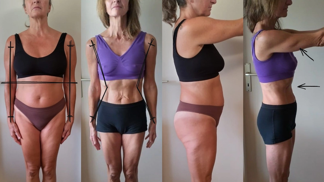 Photo du corps d'une femme en H qui se transforme en X. Le avant-après de sa perte de poids à la ménopause est impressionnant, son ventre est plat, sa taille s'affiner malgré ses 58 ans.
