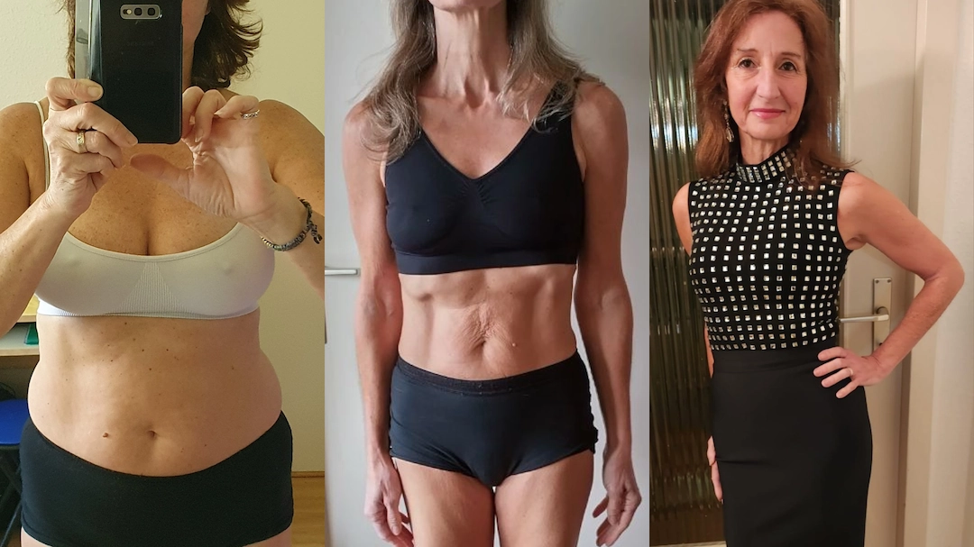 Avant après musculation d'une femme de 50 ans. Le corps ferme, harmonieux et les muscles dessinés.