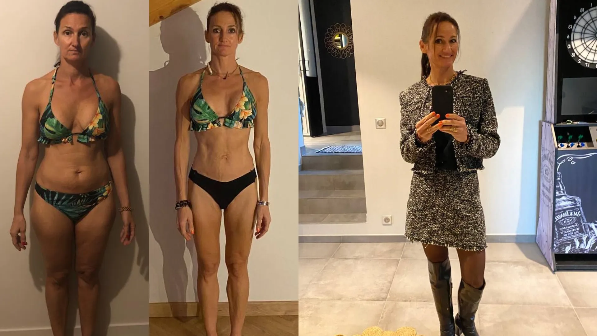 Avant après du corps de femme musclé de Cécile 48 ans. Son corps est harmonieux. Elle a perdu du poids à la ménopause.