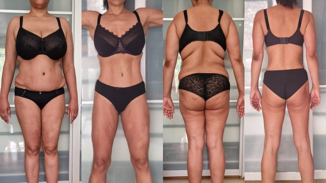 Photo avant-après de la perte de poids ménopause d'une femme qui a perdu 25 kilos. Elle a perdu les bourrelets de dos et elle a obtenu une taille fine.