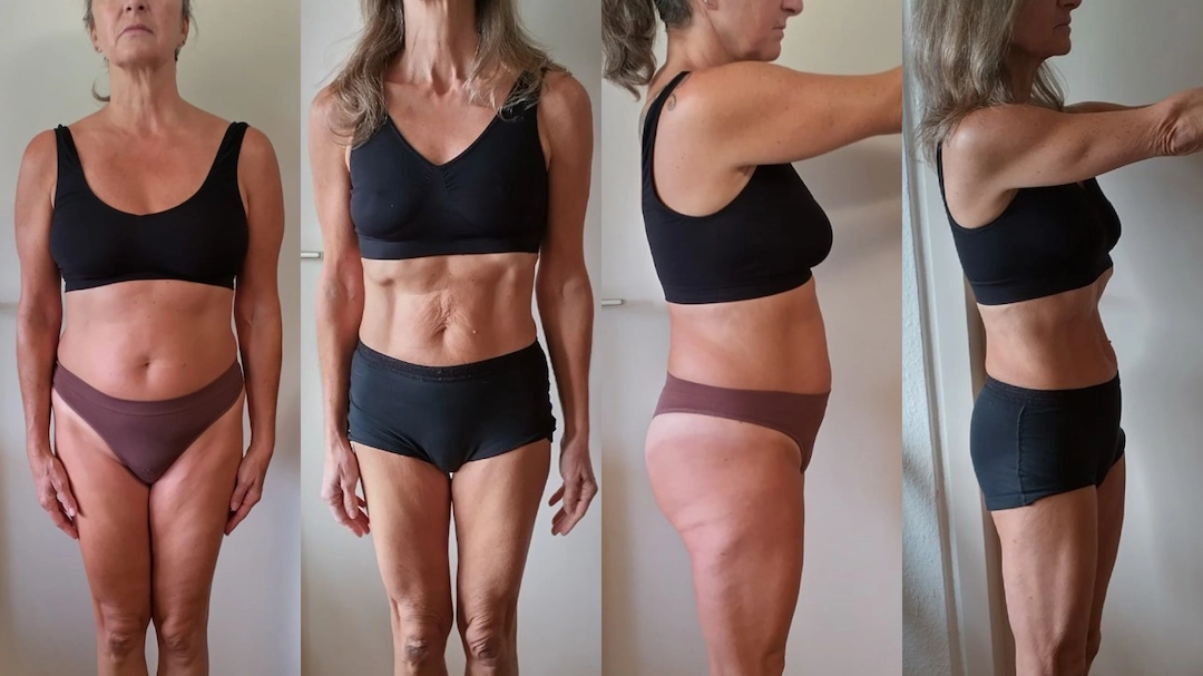 Transformation avant/après perte de poids chez une femme ménopausée. Deux photos de face et de profil montrent une évolution significative de la silhouette, avec une réduction de la masse grasse et une tonification musculaire. Avant, la femme présente un ventre plus relâché et des rondeurs visibles. Après, son corps semble plus affiné, avec une définition musculaire accrue, notamment au niveau des bras et de l'abdomen. Cette transformation illustre les effets d'une perte de poids après la ménopause grâce à un mode de vie sain et à l'entraînement.