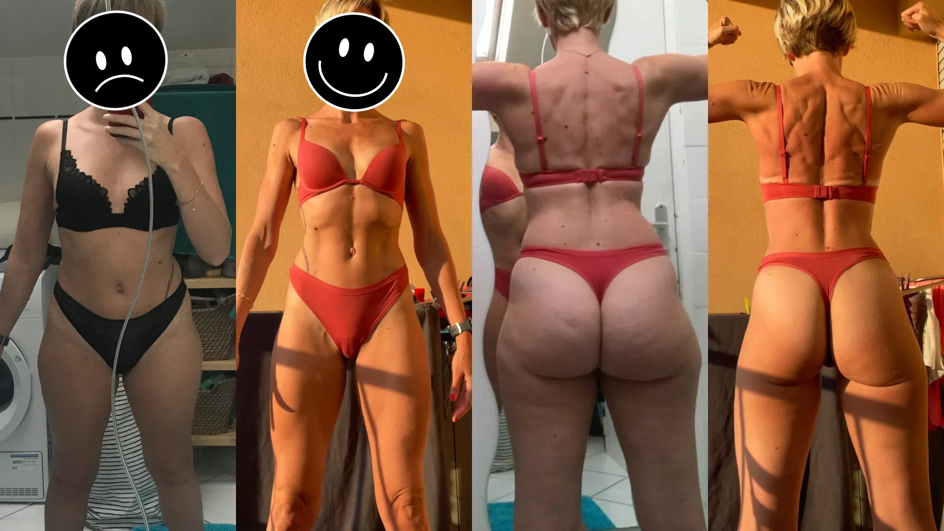 Photos d'une femme qui s'est musclée à 50 ans en salle de sport.