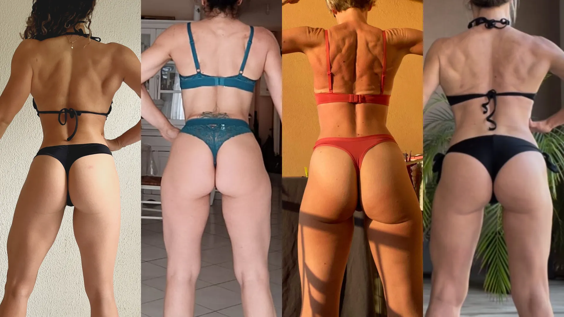 Quatre femmes musclées et sèches de dos. Elles se sont musclées grâce à la musculation.