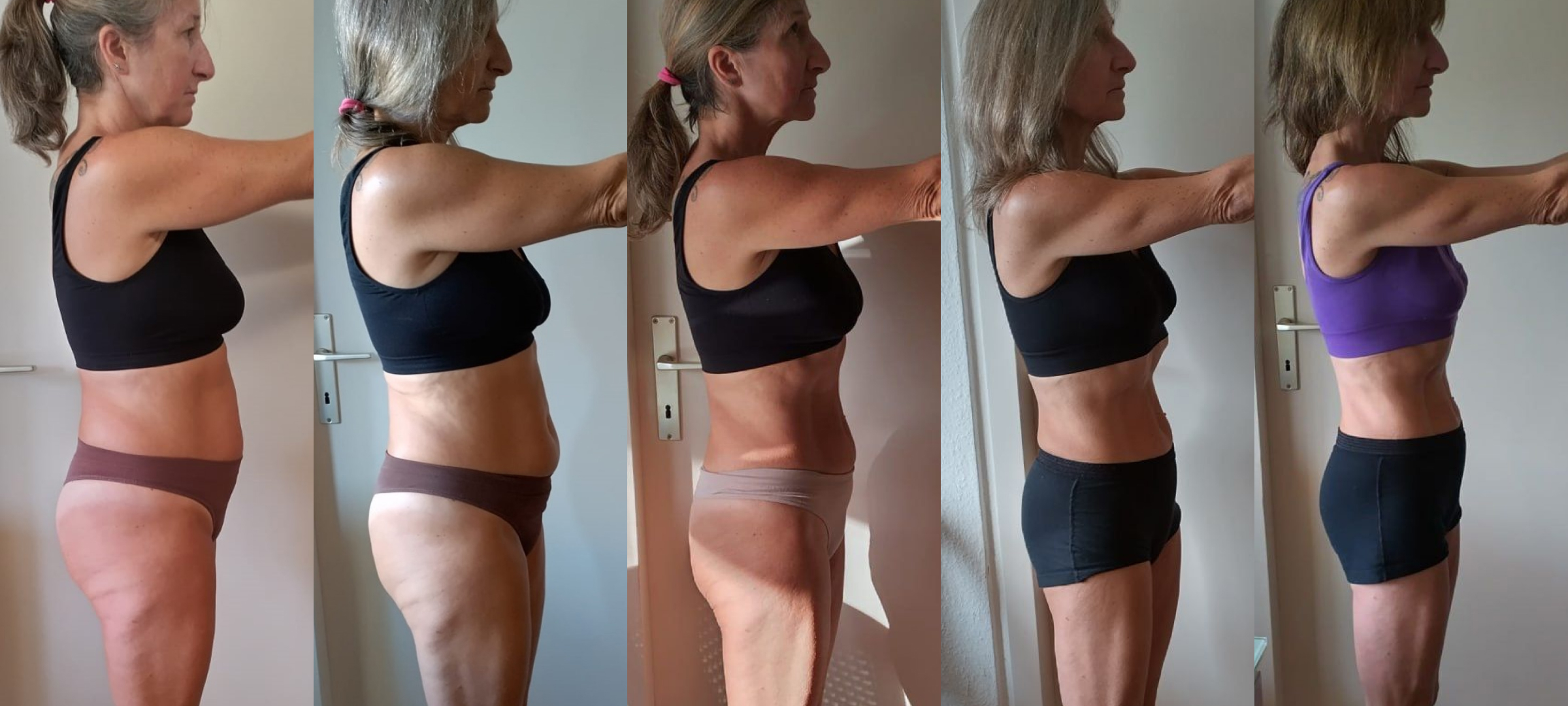 Cinq photos montrant l'évolution d'une femme de 50 ans qui a raffermi son corps grâce à sa bonne connaissance de son taux métabolique de base.