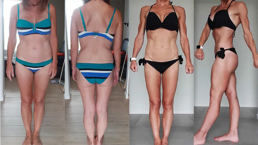 Photos avant-près d'une femme qui a opéré une recomposition corporelle sans devenir obsédée par les aliments sains, puisque la vraie solution est de surveillre ses apports caloriques.