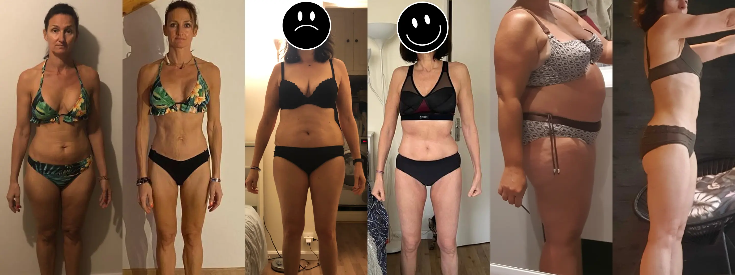Photos avant après de 3 femmes ayant réussi leur transformation physique grâce à un programme adapté basé sur les quatre principes de la transformation physique.