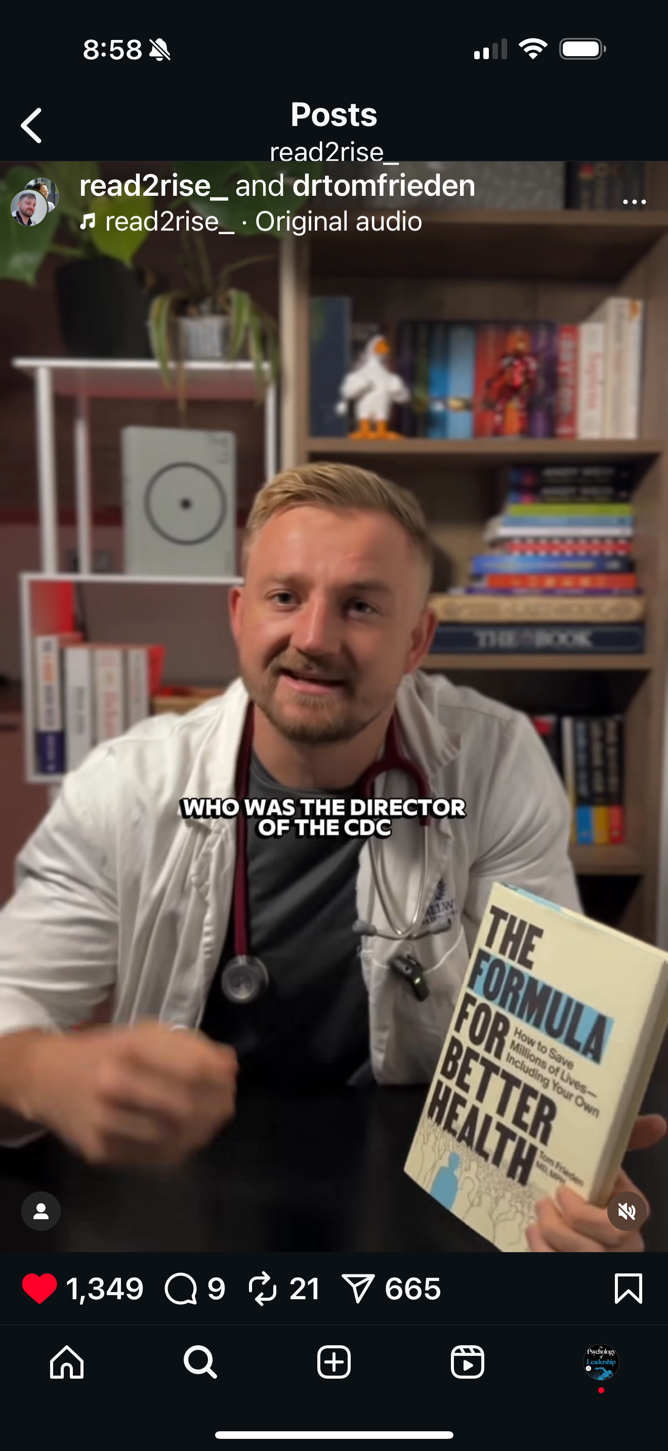 Man in white coat and stethoscope holding the book 'The Formula for Better Health' with text overlay asking 'Who was the director of the CDC'.