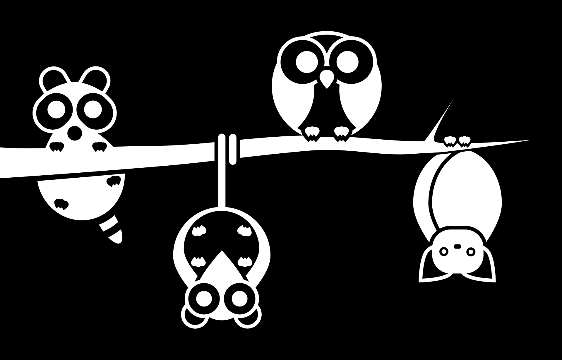 Cute illustrated baby raccoon, opossum, owl, and bat hanging on a branch