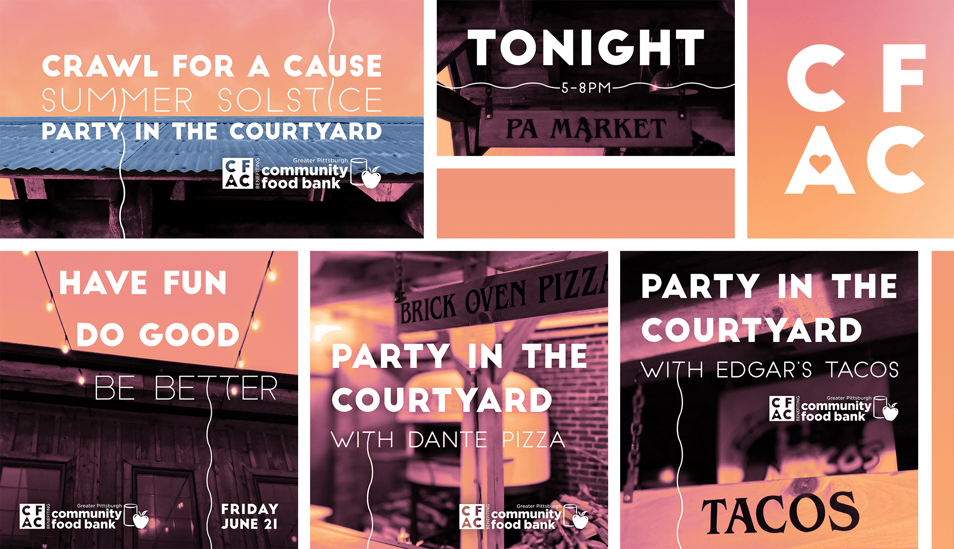 CFAC Summer Solstice Party marketing collage in orange and peach summer tones